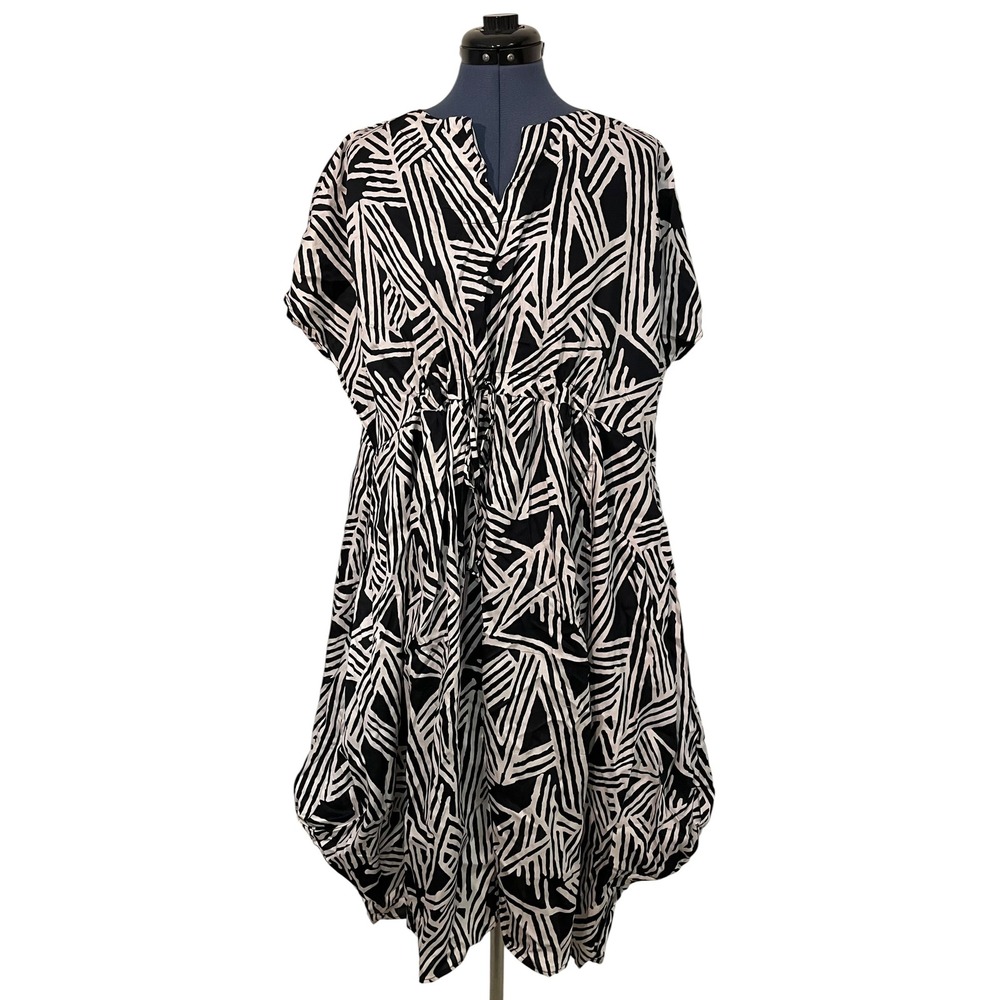 Lisa Bayne Black White Abstract Cotton Drawstring‎ Kaftan Oversized Dress XS/S